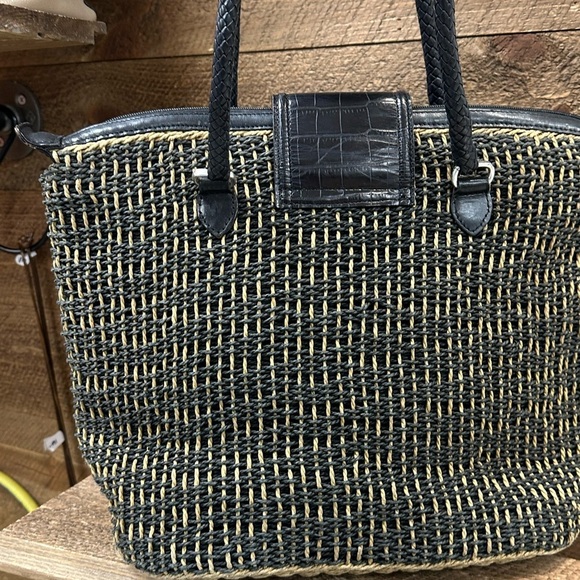 Brighton Woven Straw Tote Bag with Croc-Embossed Leather Trim & Heart Charm - Picture 6 of 12